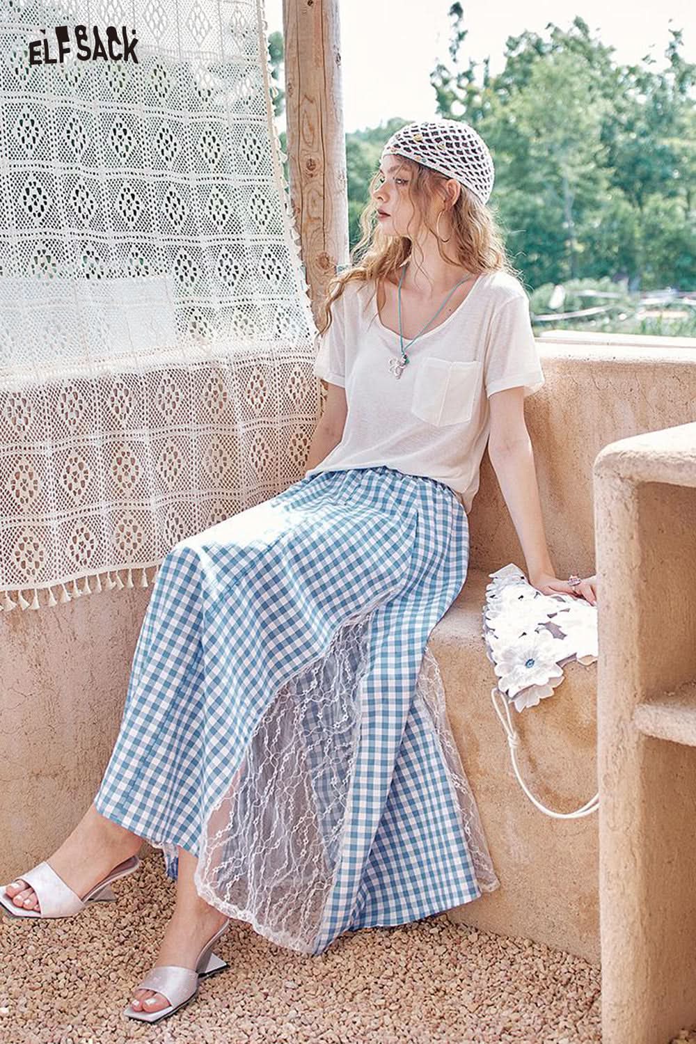 ELFSACK Lace Patchwork Plaid High Waisted Chic Skirt