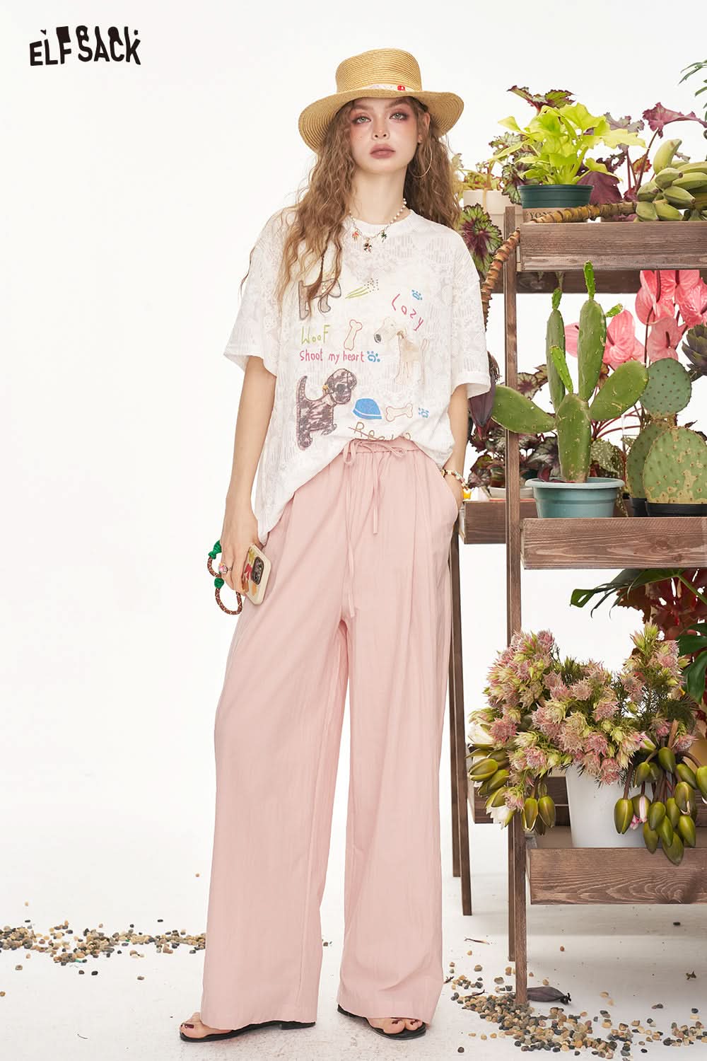 ELFSACK High Waisted Loose Casual Straight Leg Wide Leg Pants
