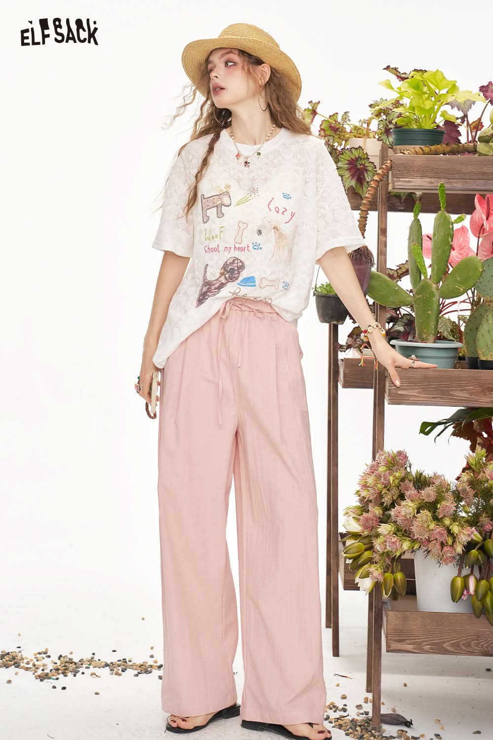 ELFSACK High Waisted Loose Casual Straight Leg Wide Leg Pants