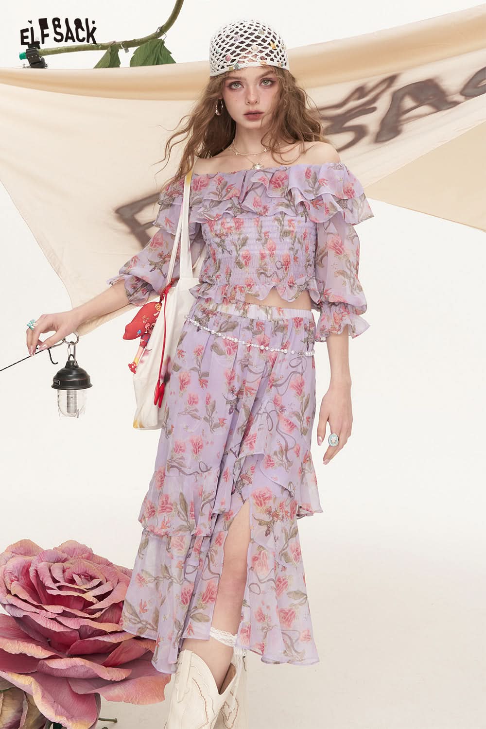 ELFSACK Broken Flower One Collar Chiffon Shirt Half Skirt Two-Piece Set
