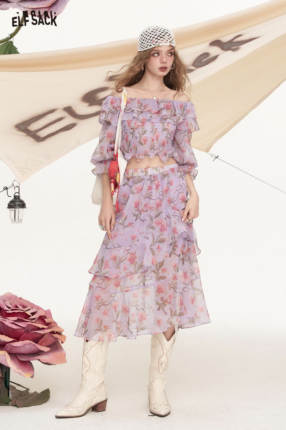 ELFSACK Broken Flower One Collar Chiffon Shirt Half Skirt Two-Piece Set
