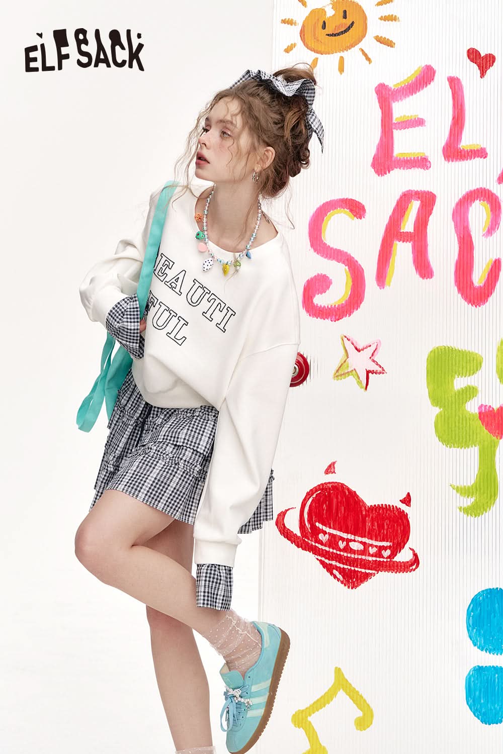 ELFSACK Plaid Patchwork Hoodie Half Skirt Two-Piece Set
