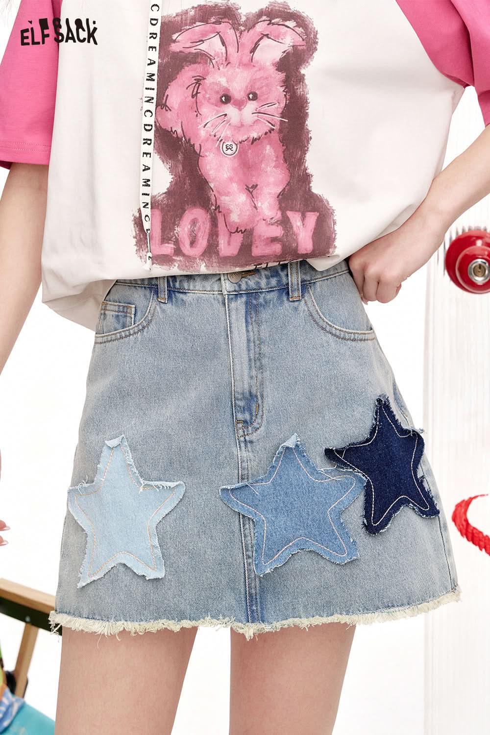 ELFSACK Five Pointed Star Light Colored Denim Skirt