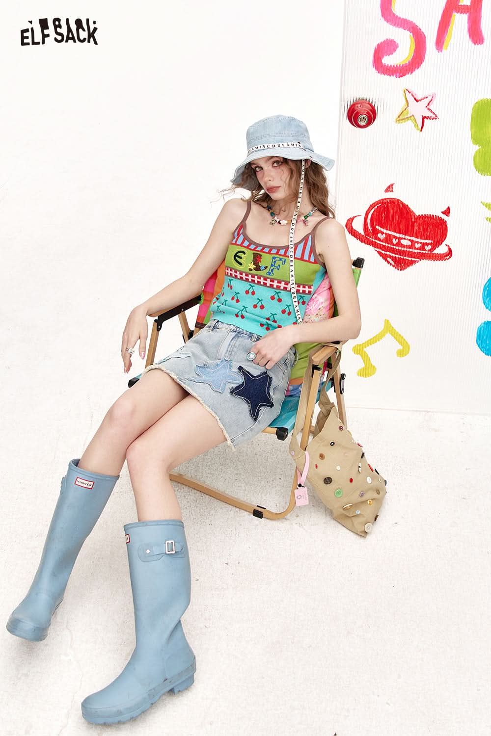 ELFSACK Five Pointed Star Light Colored Denim Skirt