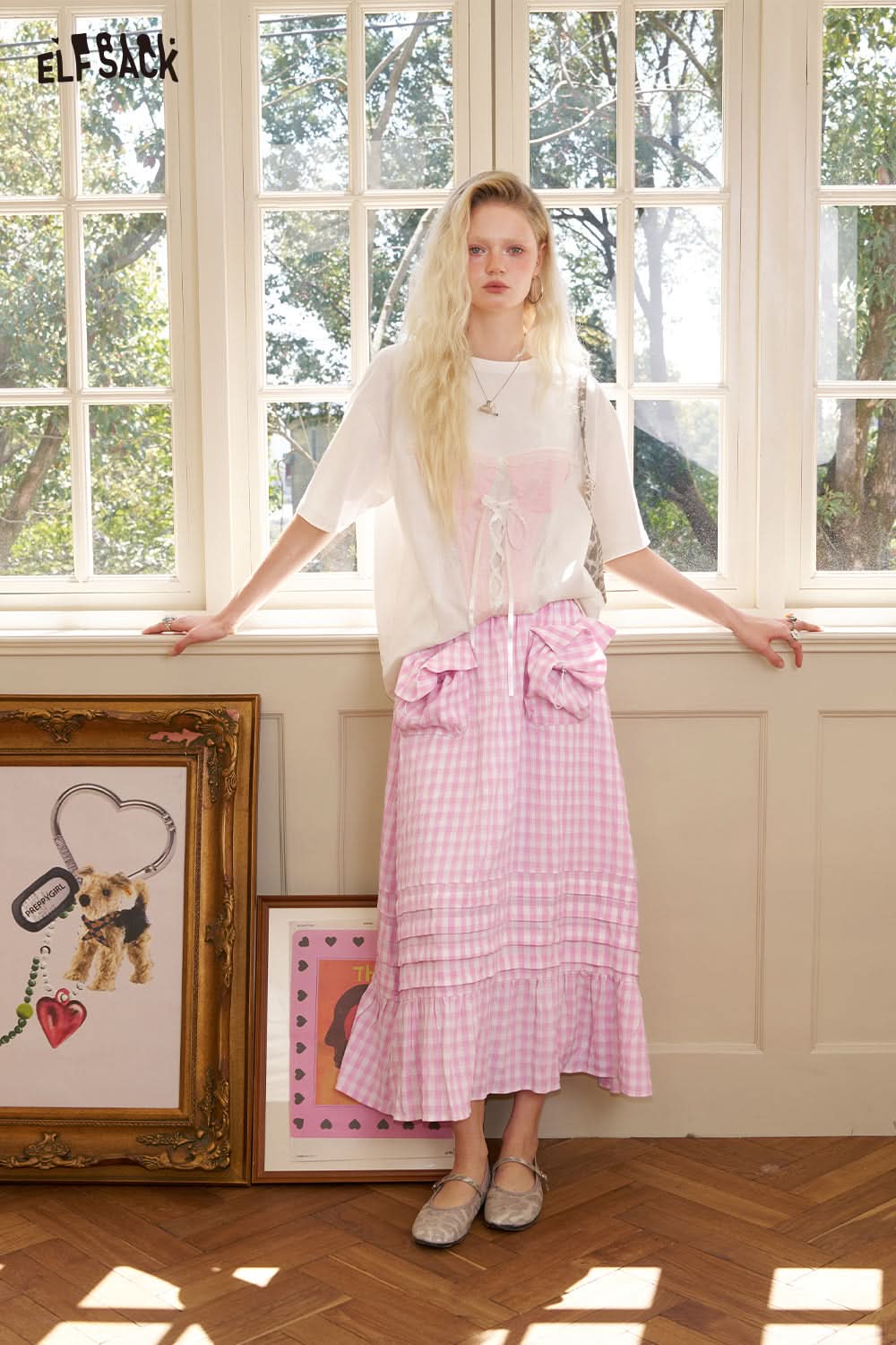 ELFSACK Grid High Waisted Pink Half Length Chic Long Skirt