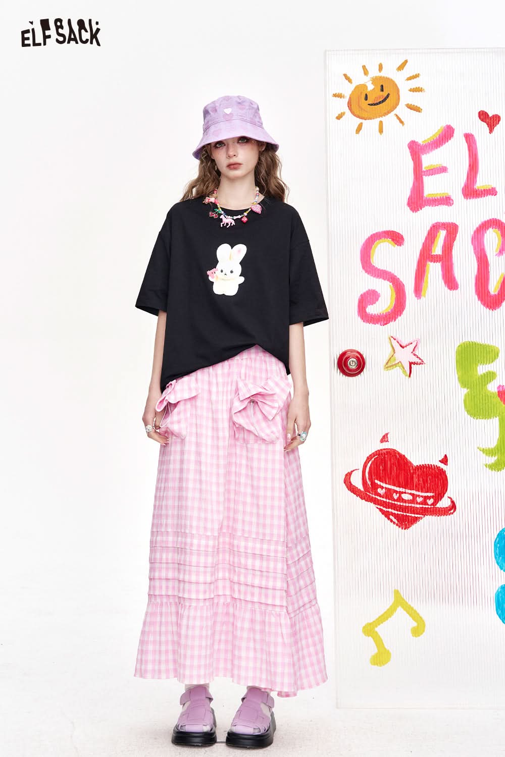 ELFSACK Grid High Waisted Pink Half Length Chic Long Skirt