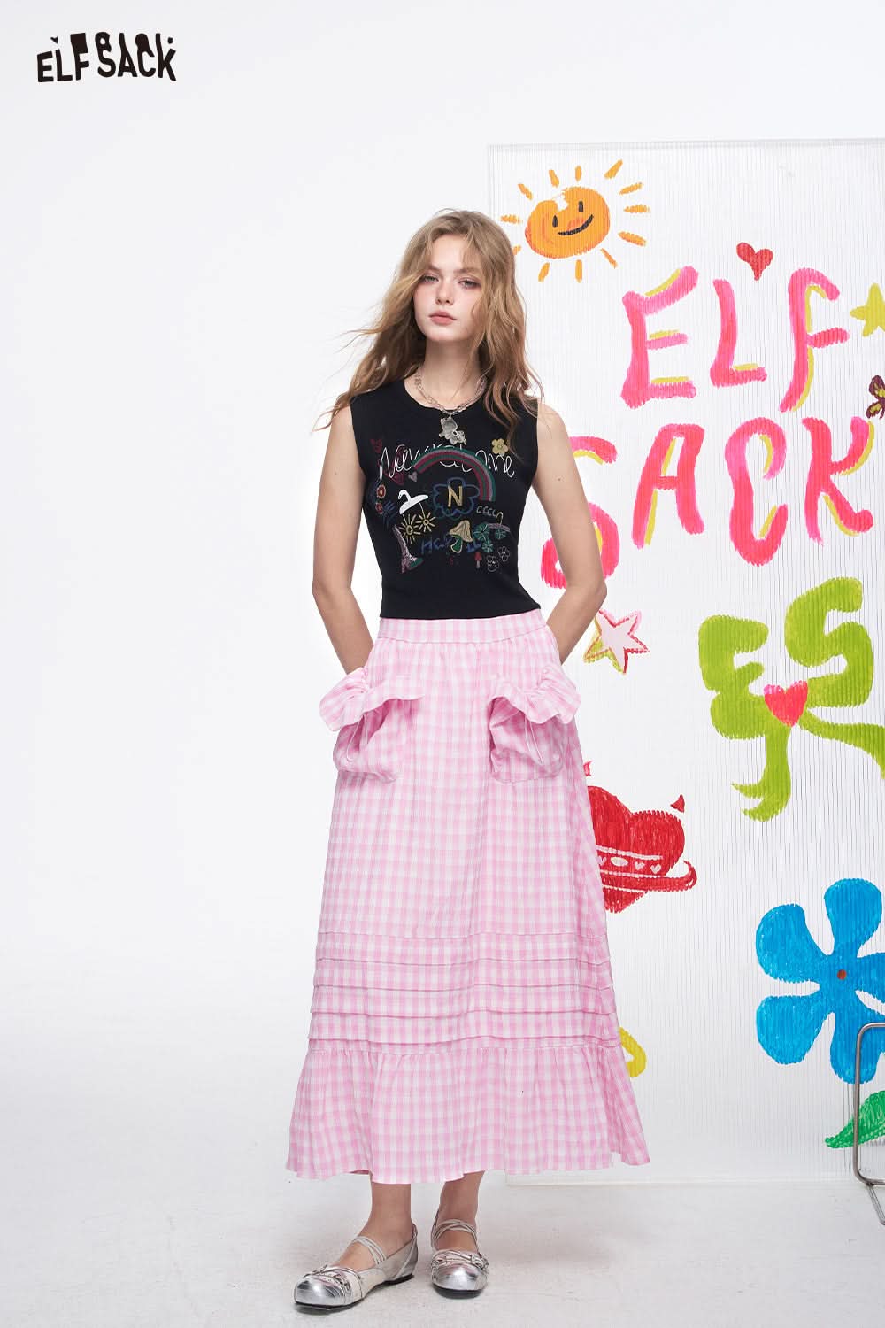 ELFSACK Grid High Waisted Pink Half Length Chic Long Skirt