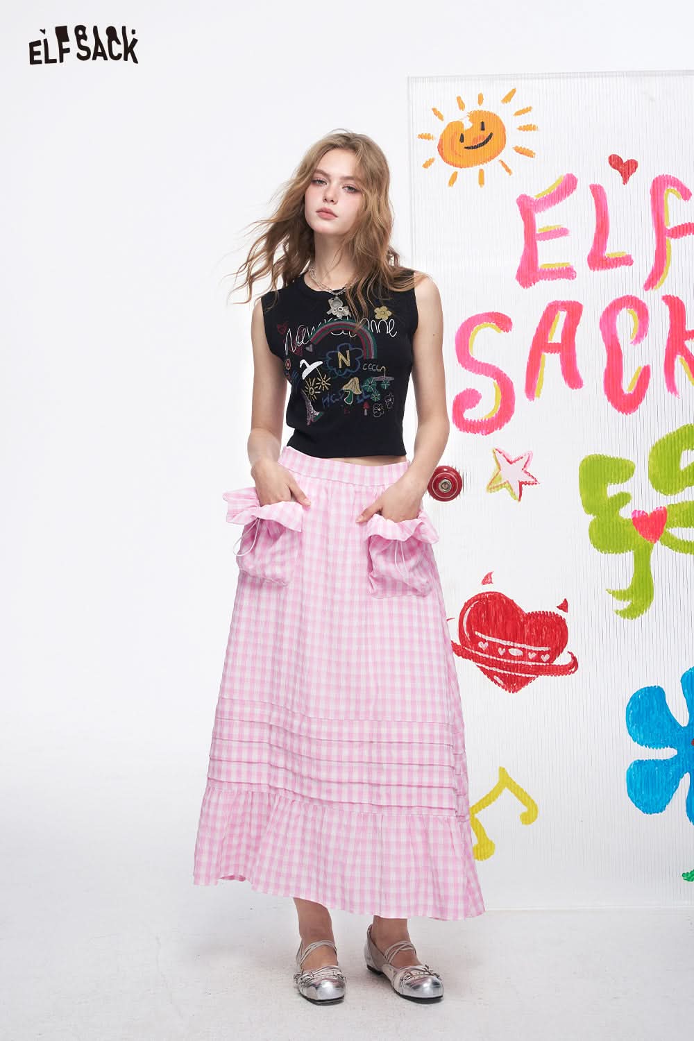 ELFSACK Grid High Waisted Pink Half Length Chic Long Skirt