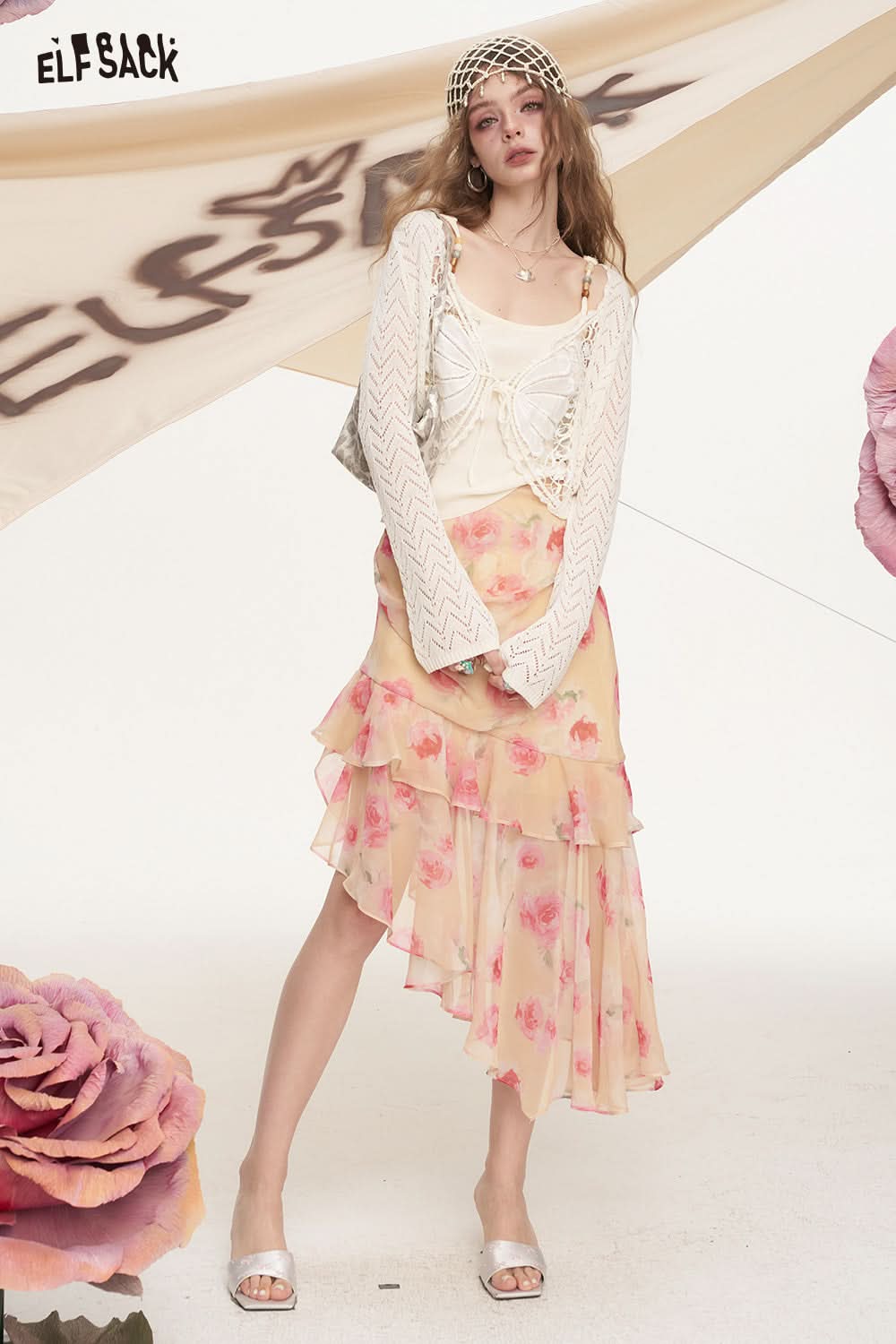ELFSACK Rose Print Regular Ruffled Chic Skirt