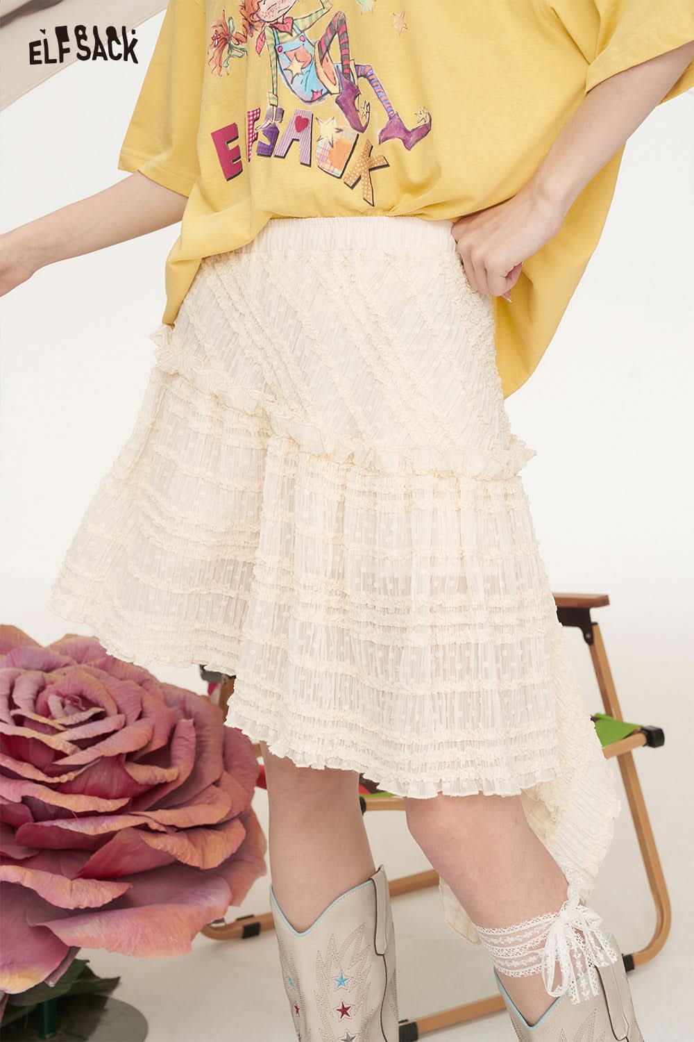 ELFSACK Jacquard Pleated A-Line Skirt
