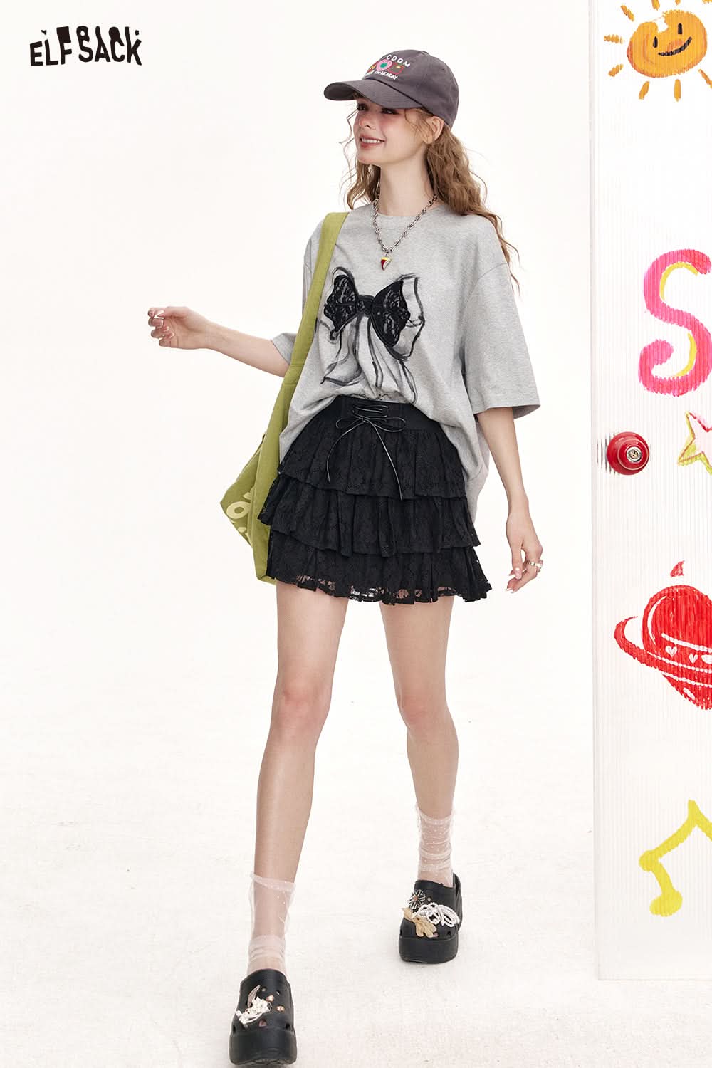 ELFSACK White Lace Cake Skirt Half Skirt