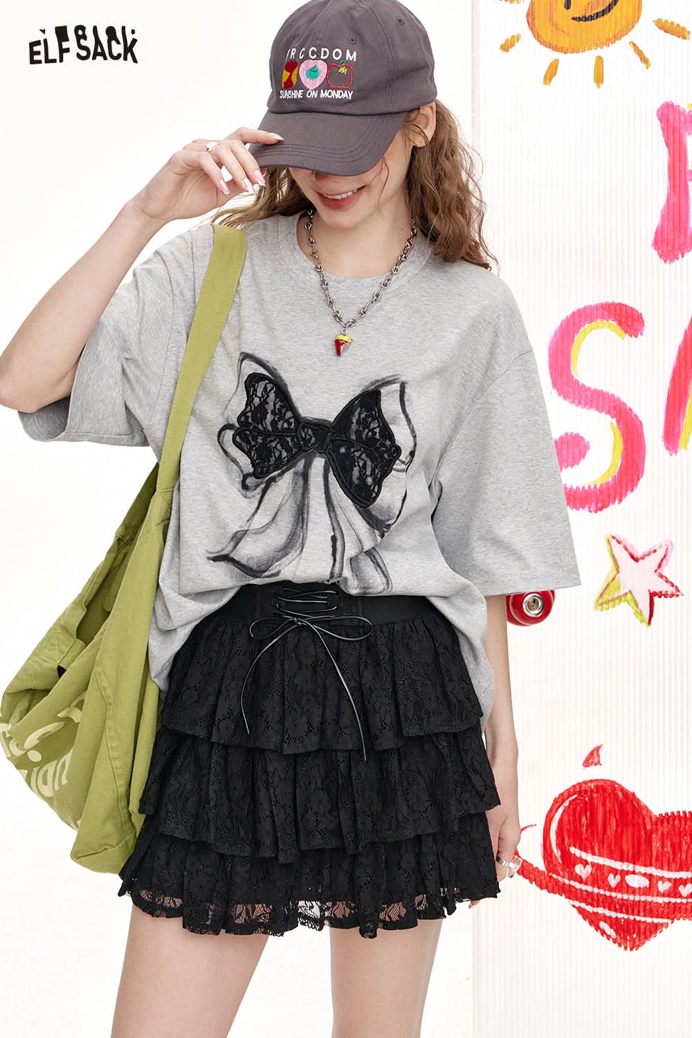 ELFSACK White Lace Cake Skirt Half Skirt