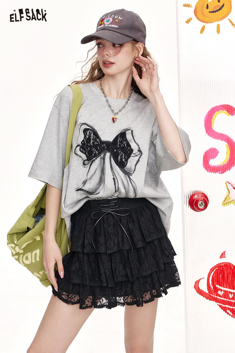 ELFSACK White Lace Cake Skirt Half Skirt