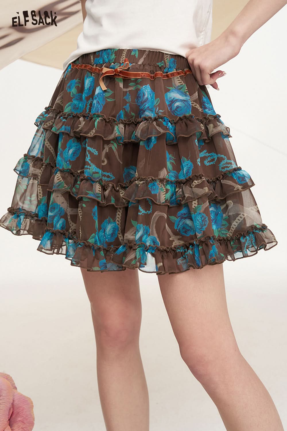 ELFSACK Original Rose Printed Ruffle Half Length Short Skirt