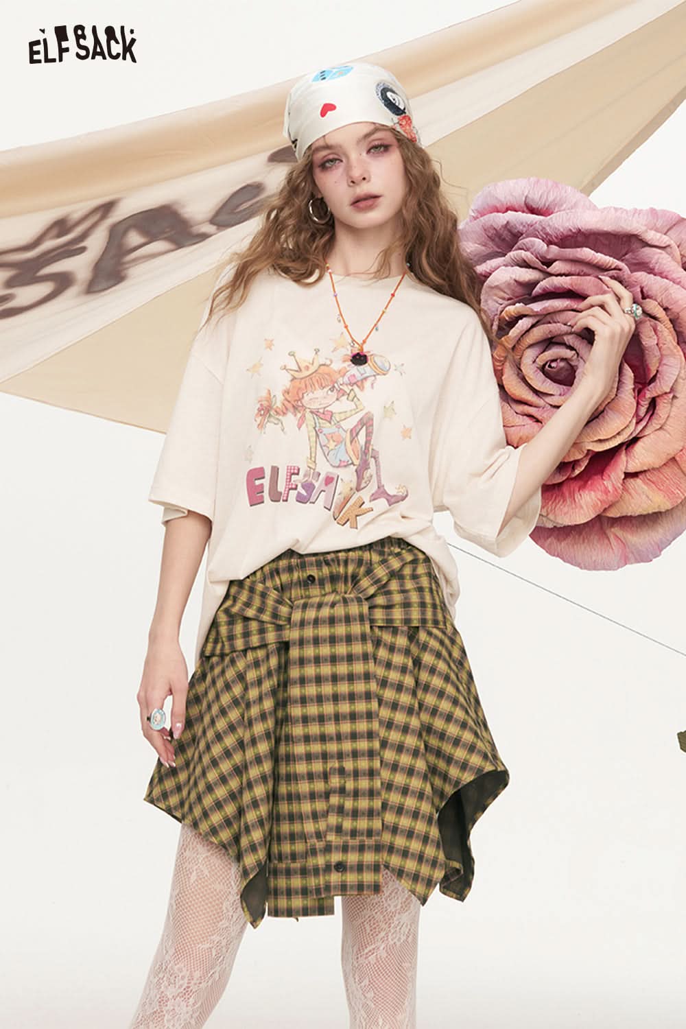 ELFSACK Plaid Fine Belt Irregular Retro Half Skirt
