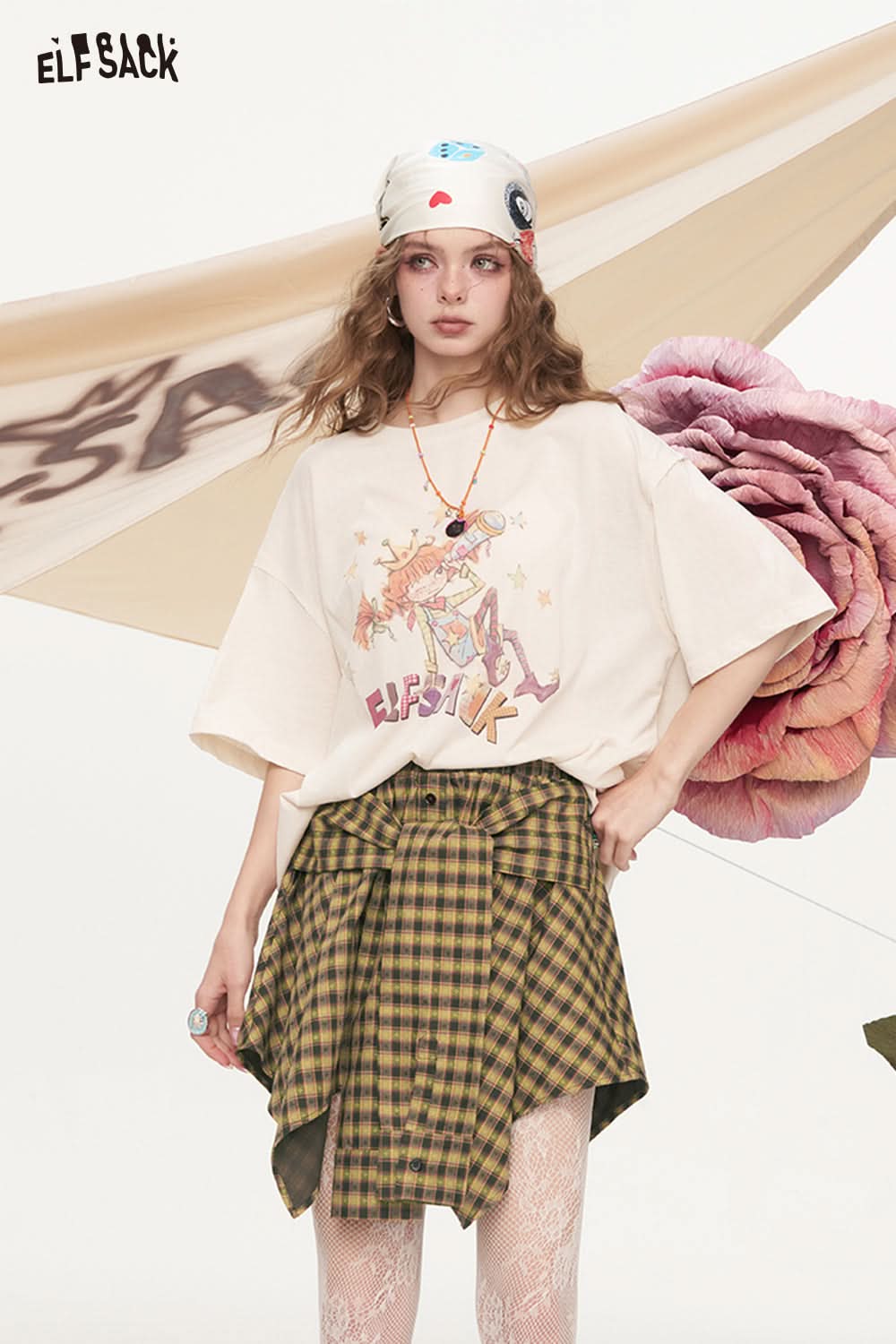 ELFSACK Plaid Fine Belt Irregular Retro Half Skirt