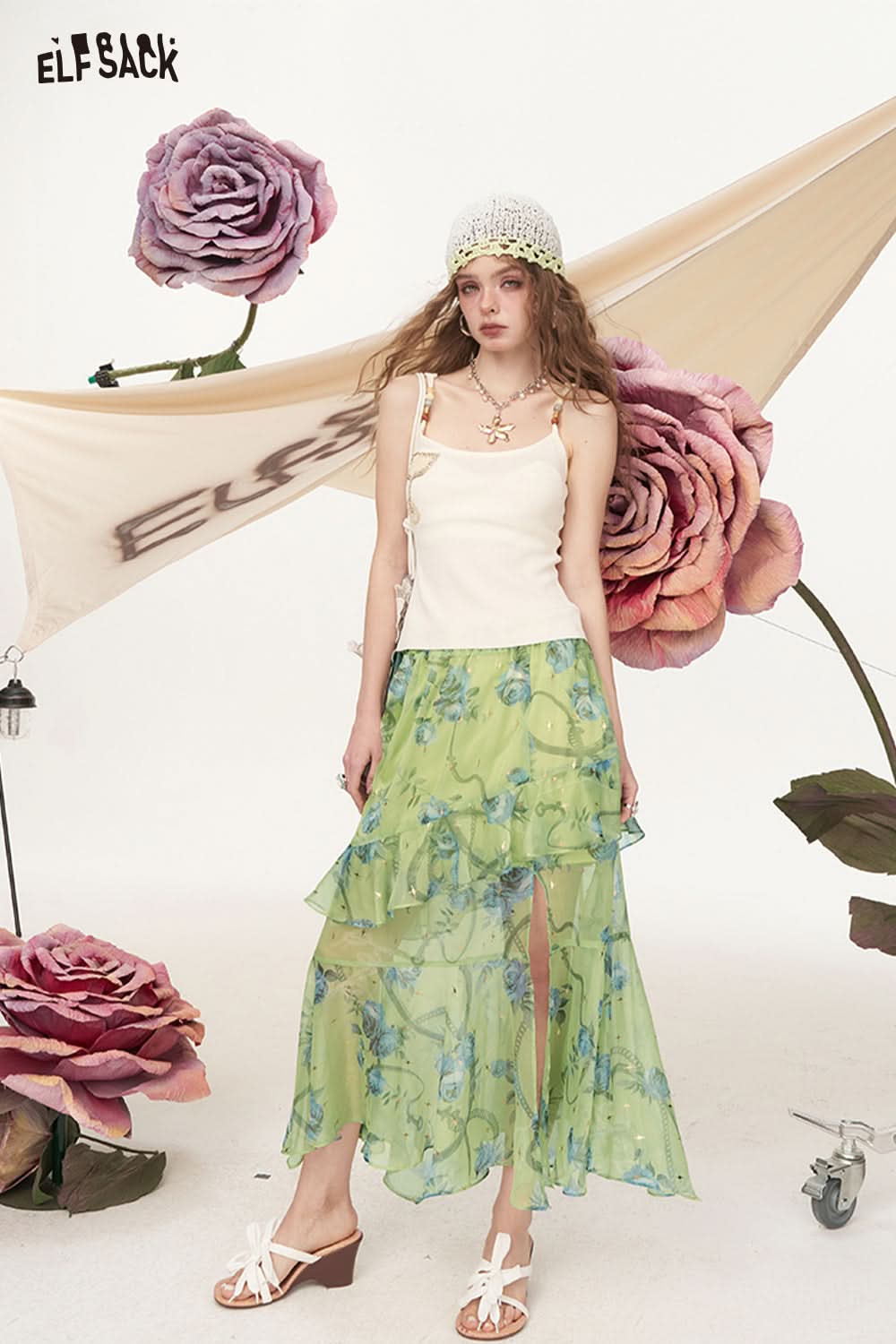 ELFSACK Rose Print Ruffled Chiffon High Waisted Chic Skirt