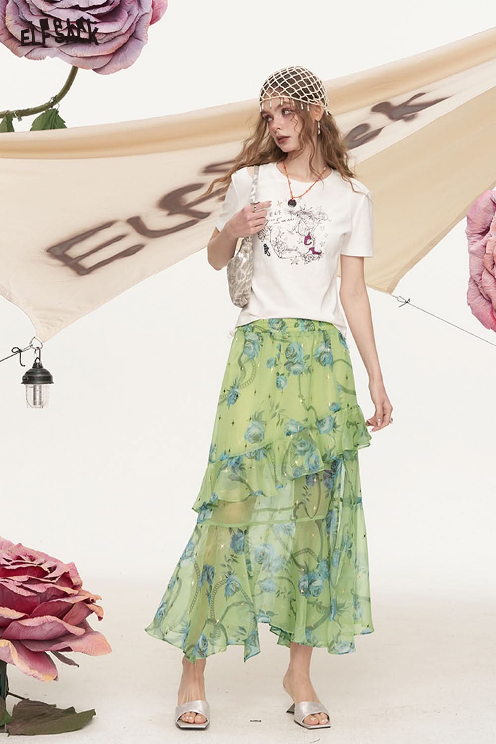 ELFSACK Rose Print Ruffled Chiffon High Waisted Chic Skirt