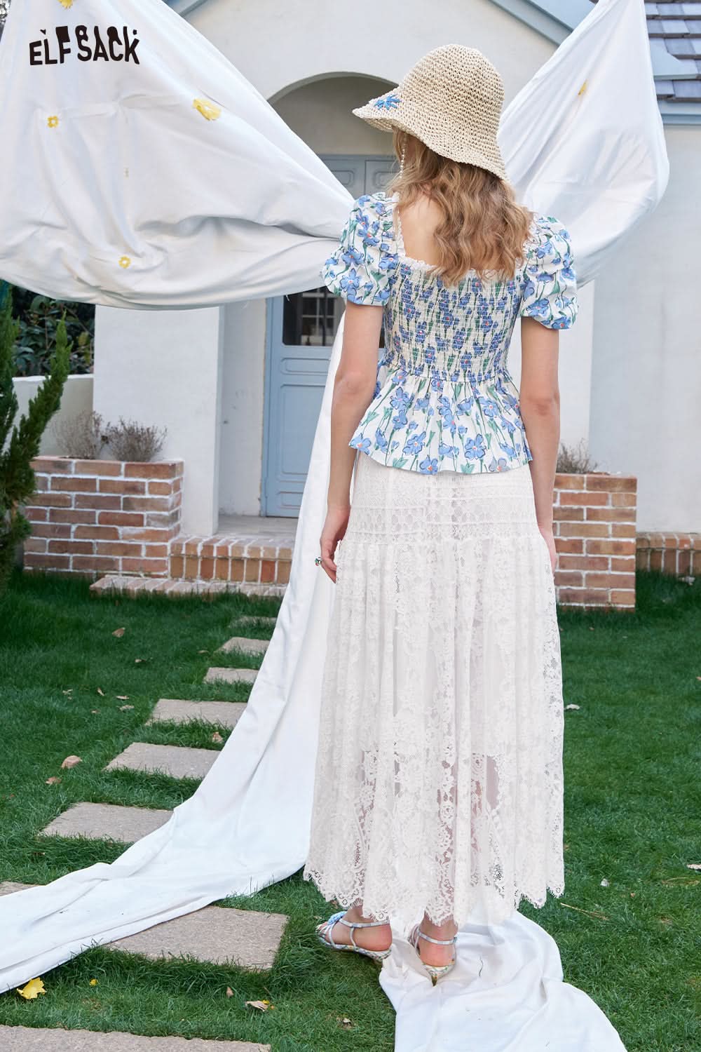 ELFSACK White Lace Midi Chic Skirt