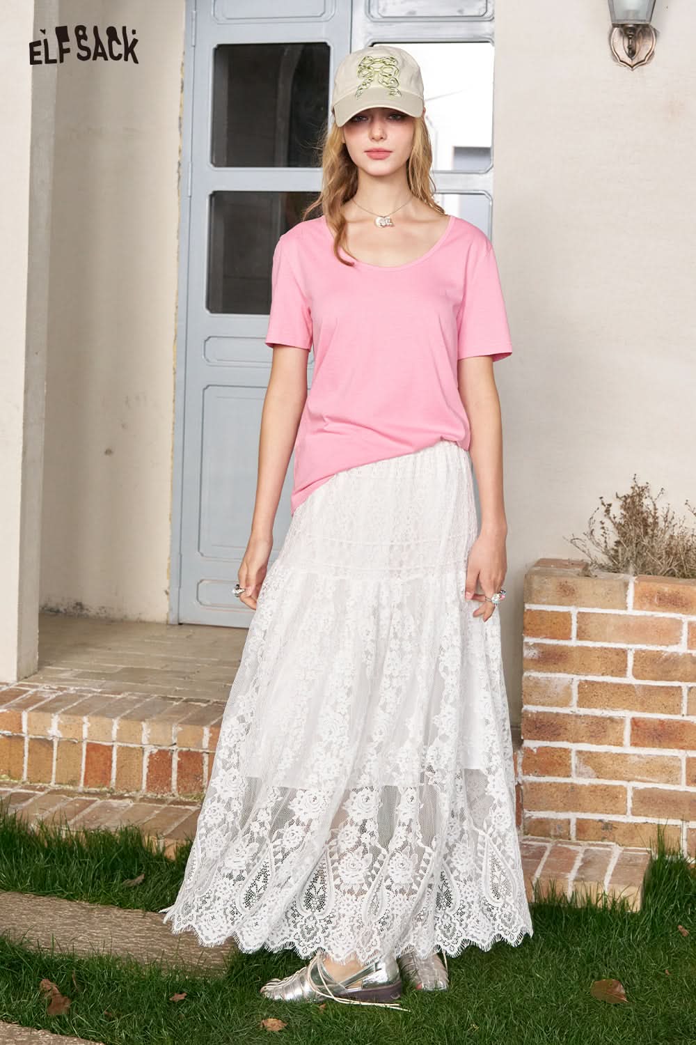 ELFSACK White Lace Midi Chic Skirt