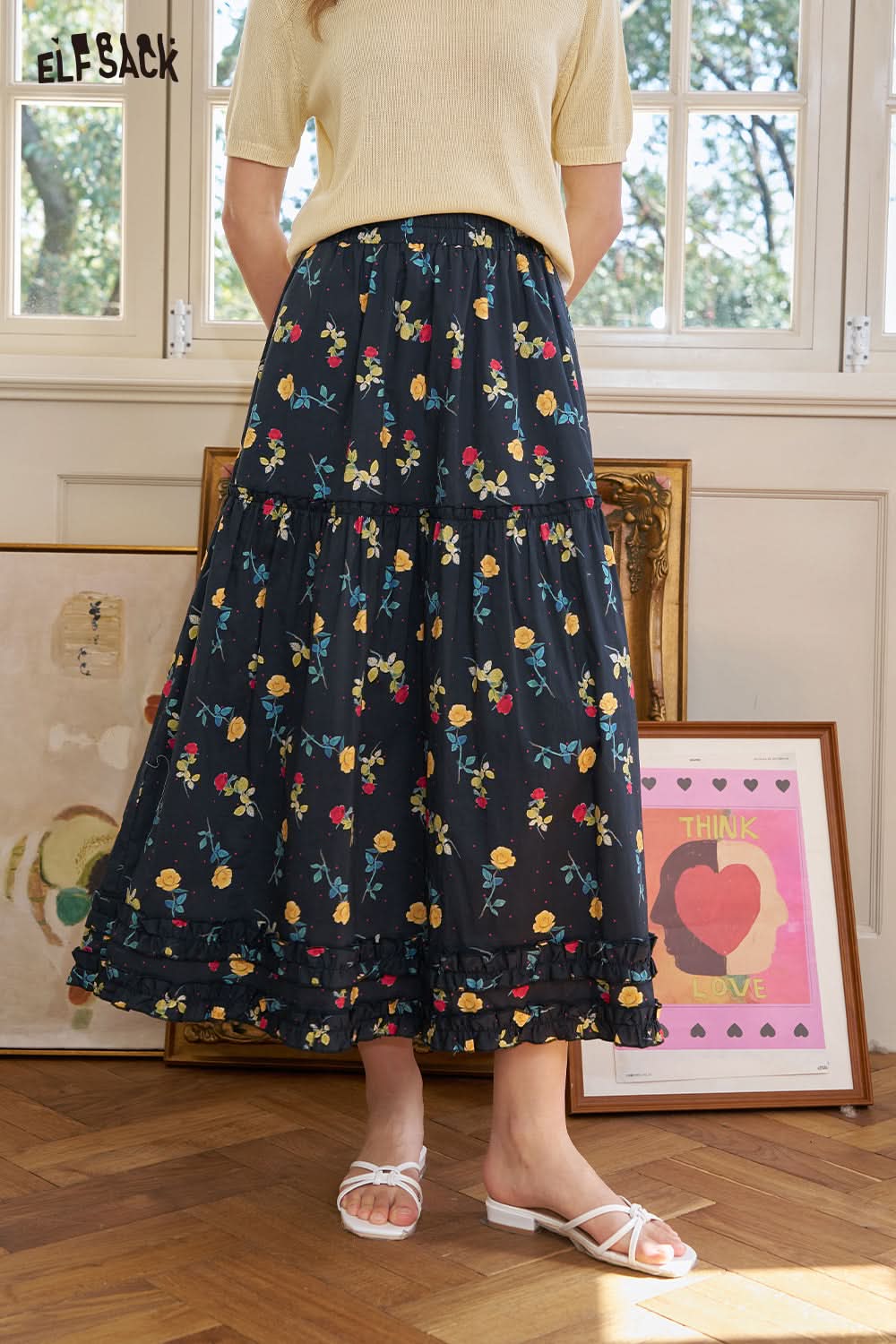 ELFSACK Rose Print A-Line Skirt