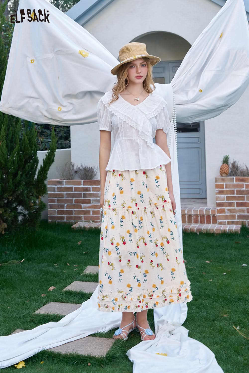 ELFSACK Rose Print A-Line Skirt