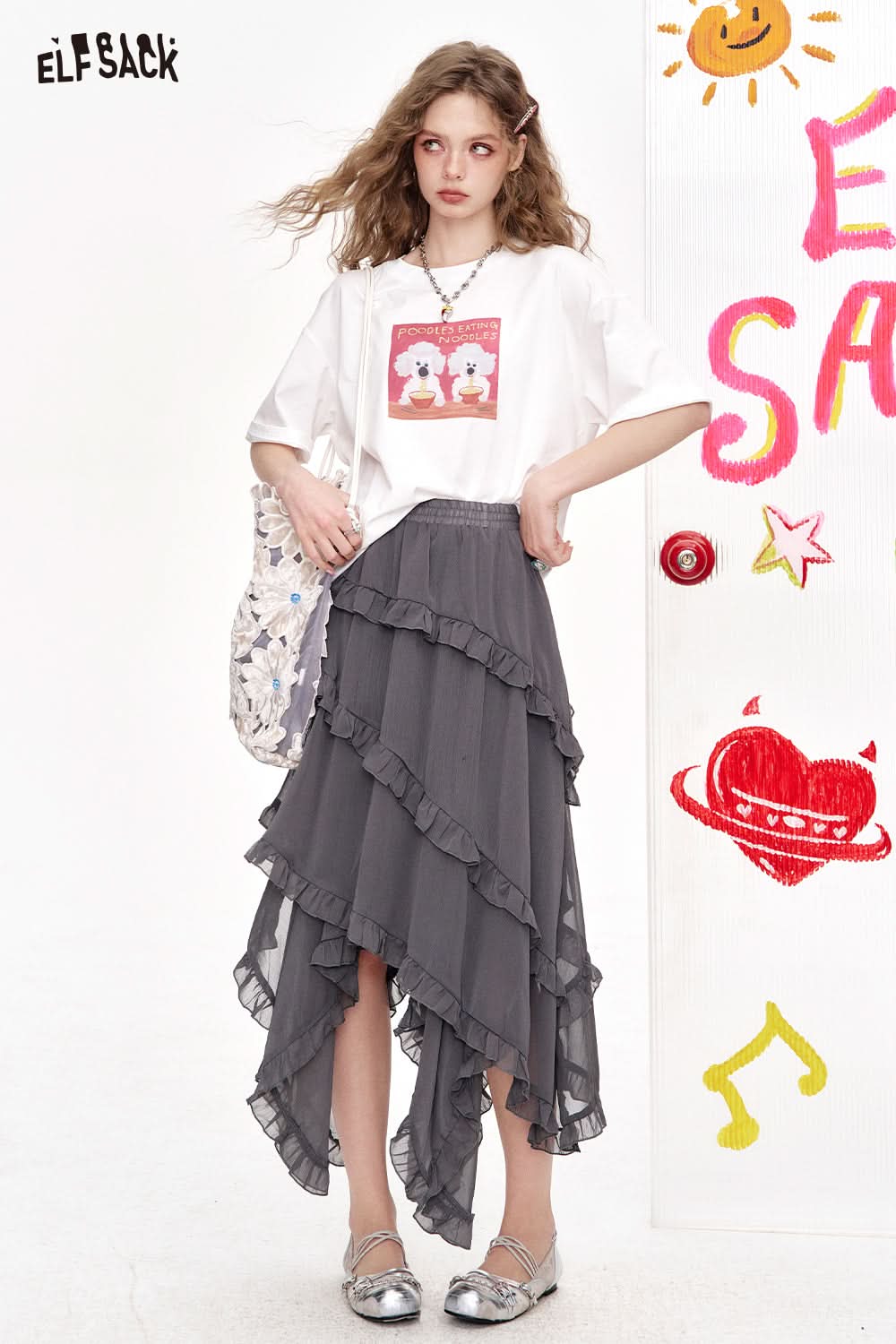 ELFSACK Irregular Layered Mesh Chic Skirt