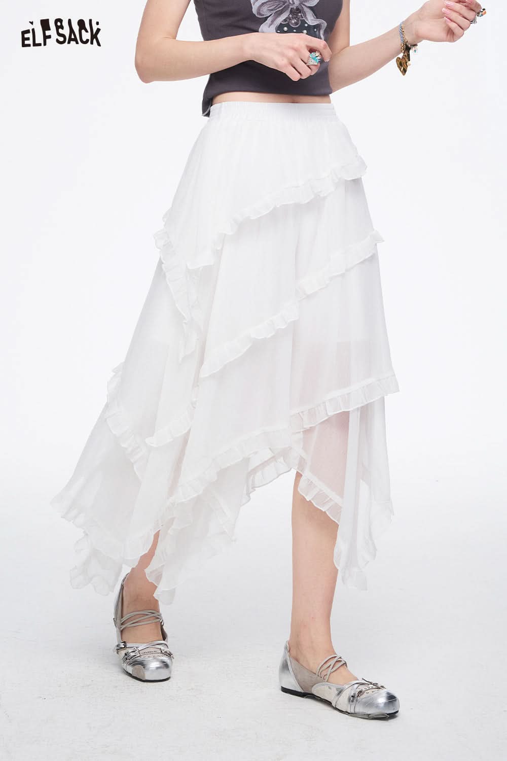 ELFSACK Irregular Layered Mesh Chic Skirt