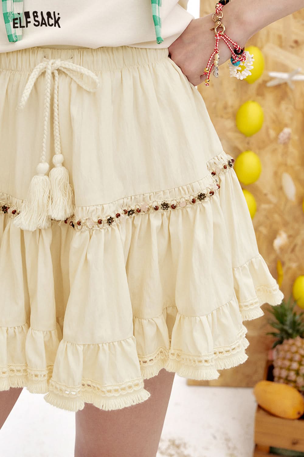 ELFSACK Off White A-Line Tassel Chic Skirt