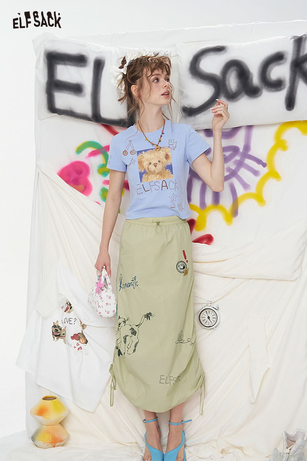 ELFSACK Graffiti Pattern Drawstring Chic Long Skirt