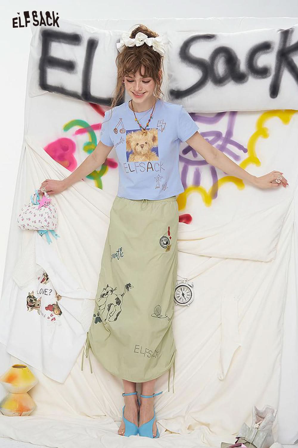 ELFSACK Graffiti Pattern Drawstring Chic Long Skirt