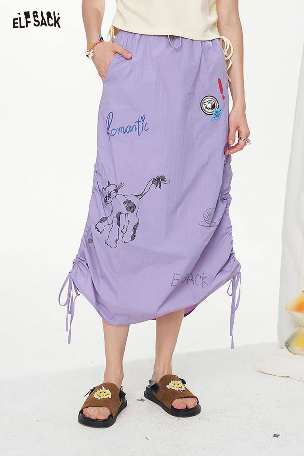 ELFSACK Graffiti Pattern Drawstring Chic Long Skirt