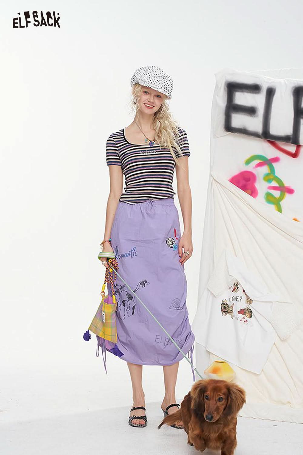 ELFSACK Graffiti Pattern Drawstring Chic Long Skirt