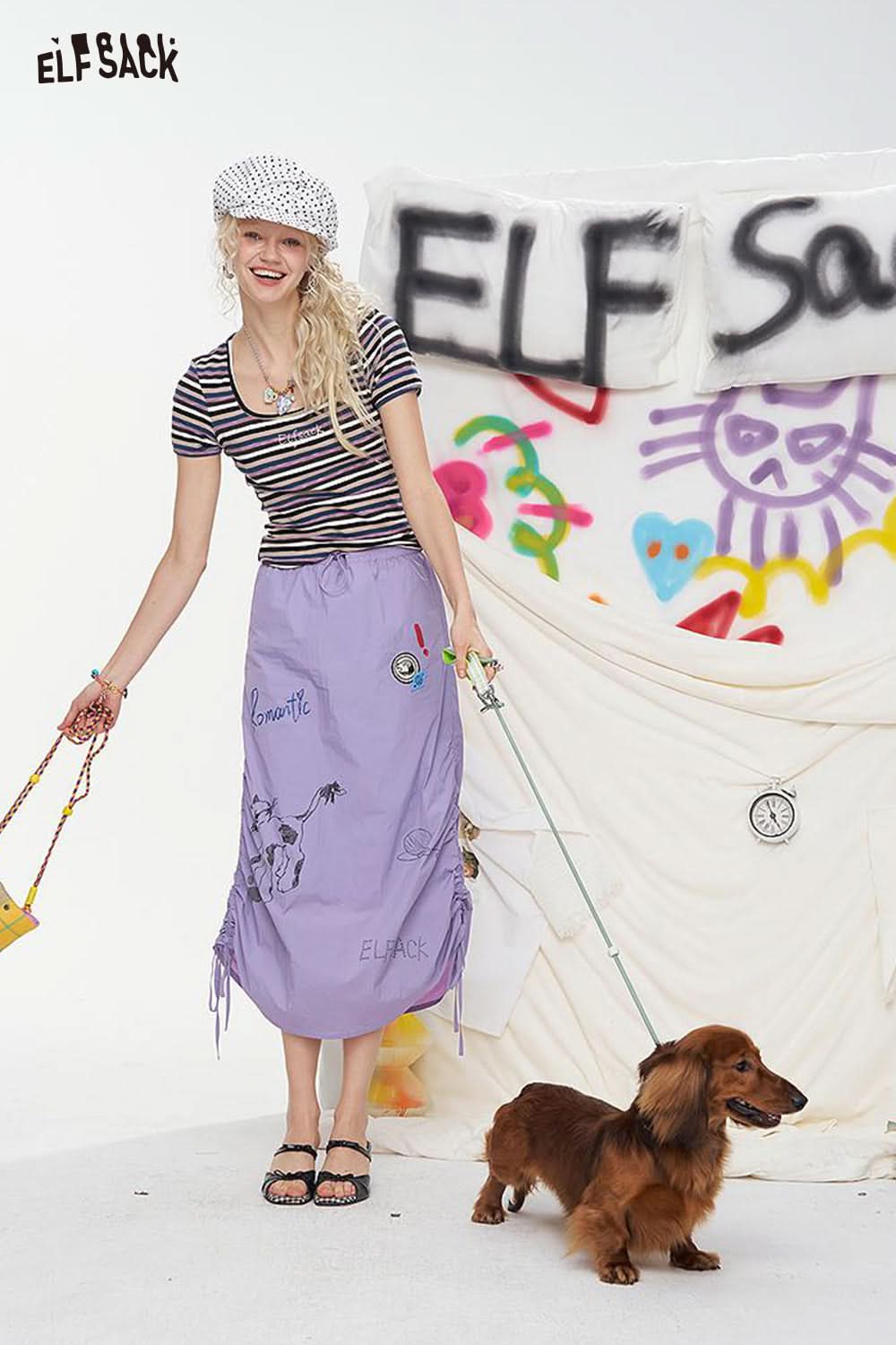 ELFSACK Graffiti Pattern Drawstring Chic Long Skirt