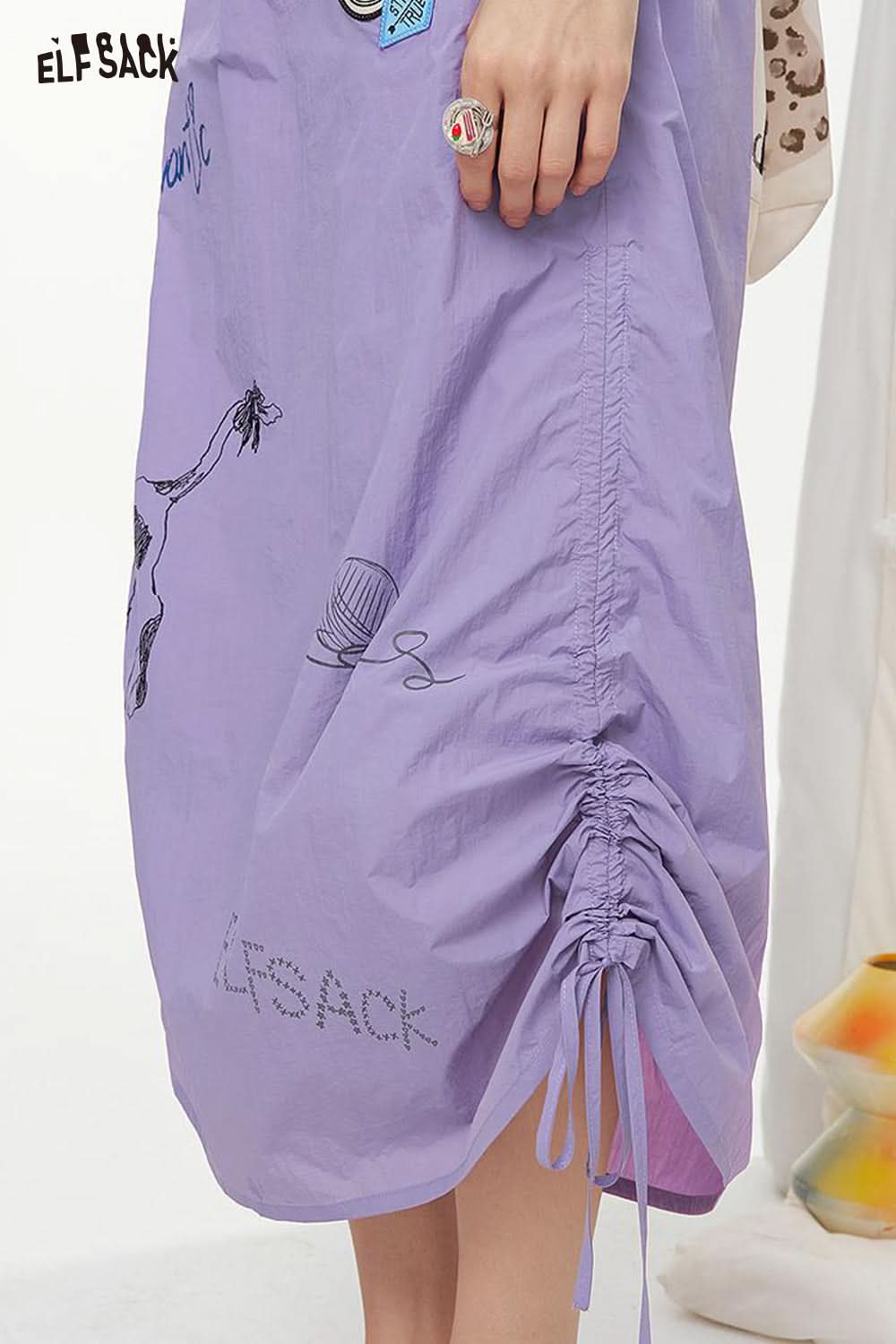 ELFSACK Graffiti Pattern Drawstring Chic Long Skirt