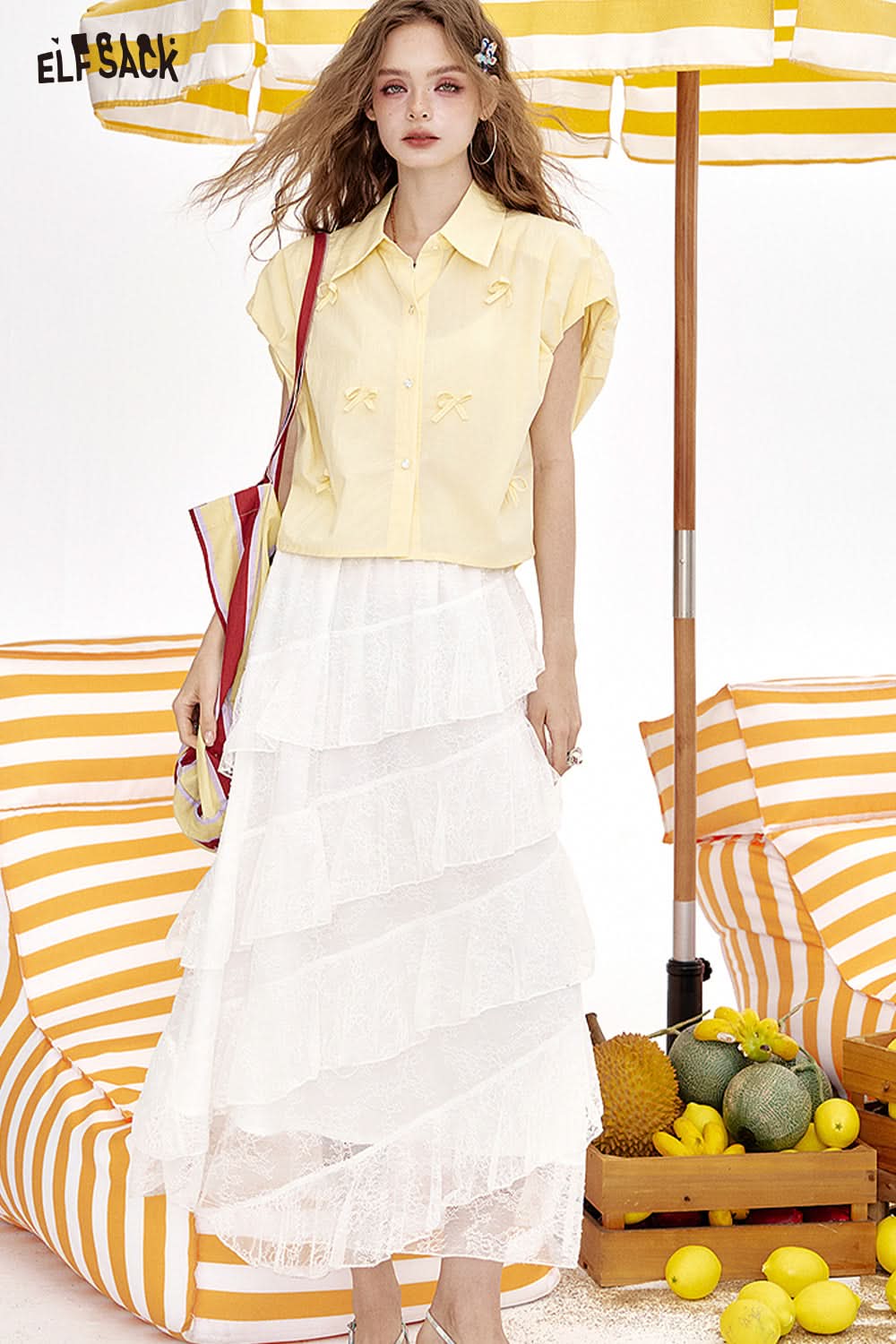 ELFSACK Lace Ruffled Chic Cake Skirt