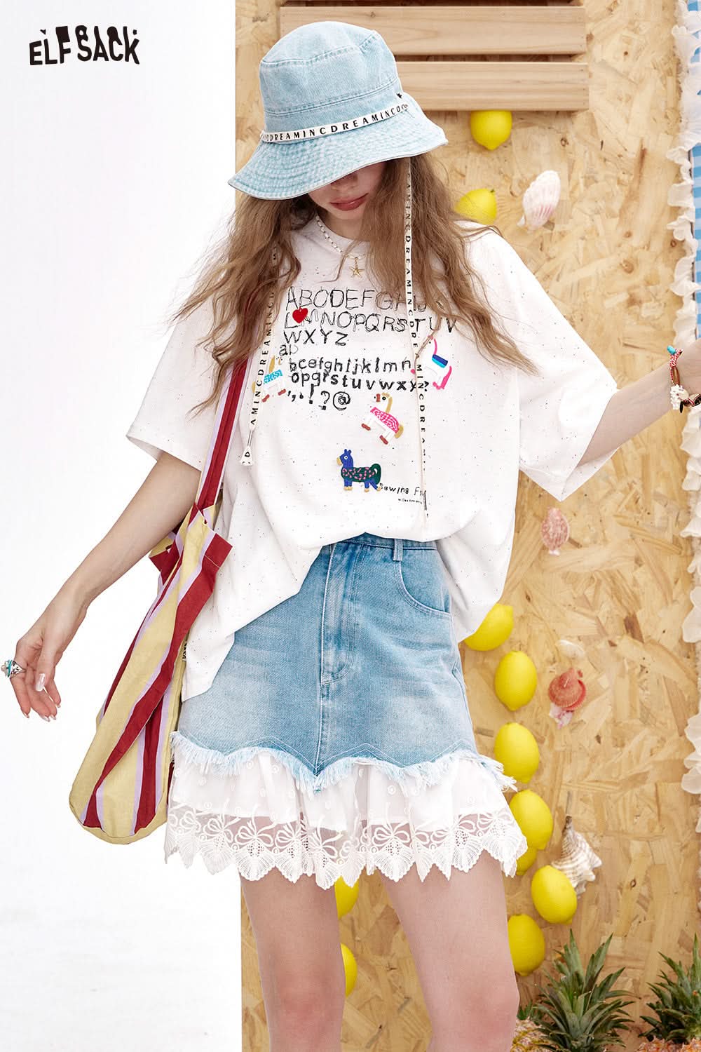 ELFSACK Lace And Lace Patchwork A-Line Denim Skirt