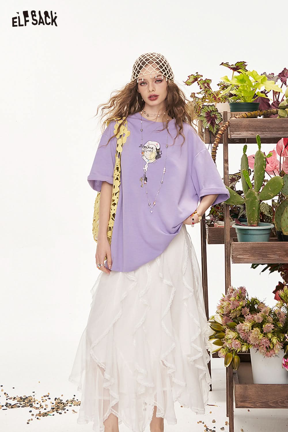 ELFSACK Lotus Leaf Lace Half Body Mid Length Casual Skirt