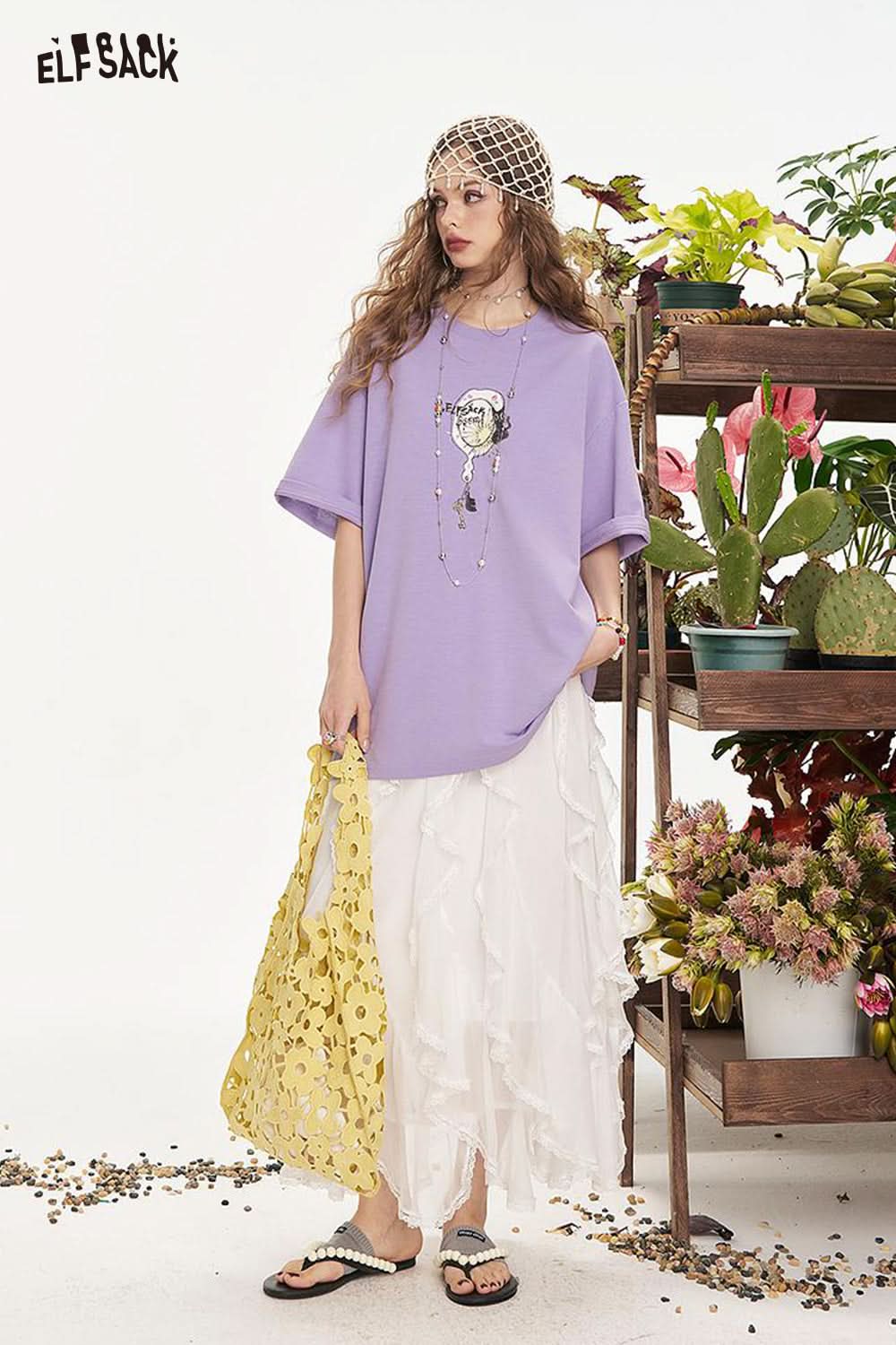 ELFSACK Lotus Leaf Lace Half Body Mid Length Casual Skirt