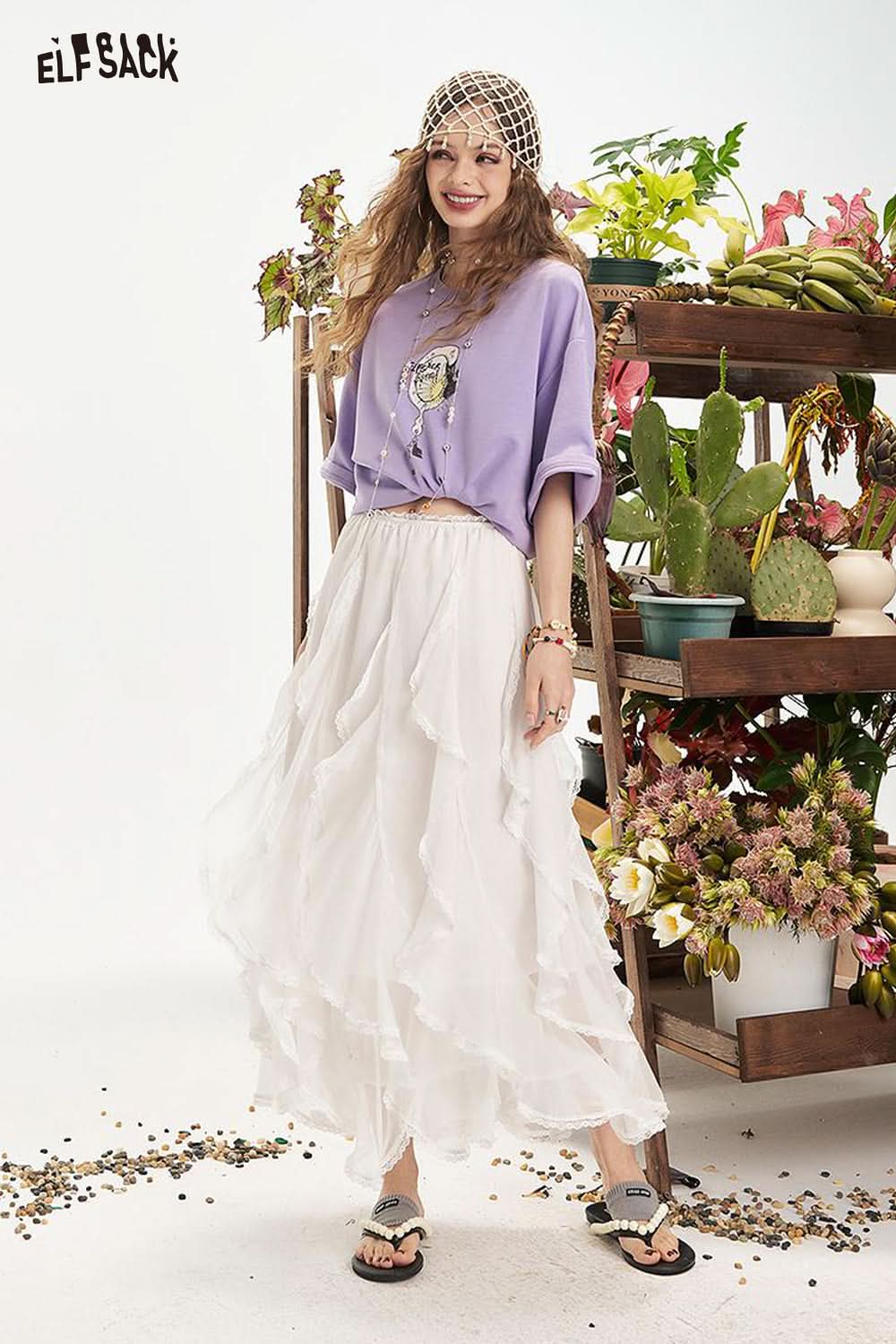 ELFSACK Lotus Leaf Lace Half Body Mid Length Casual Skirt