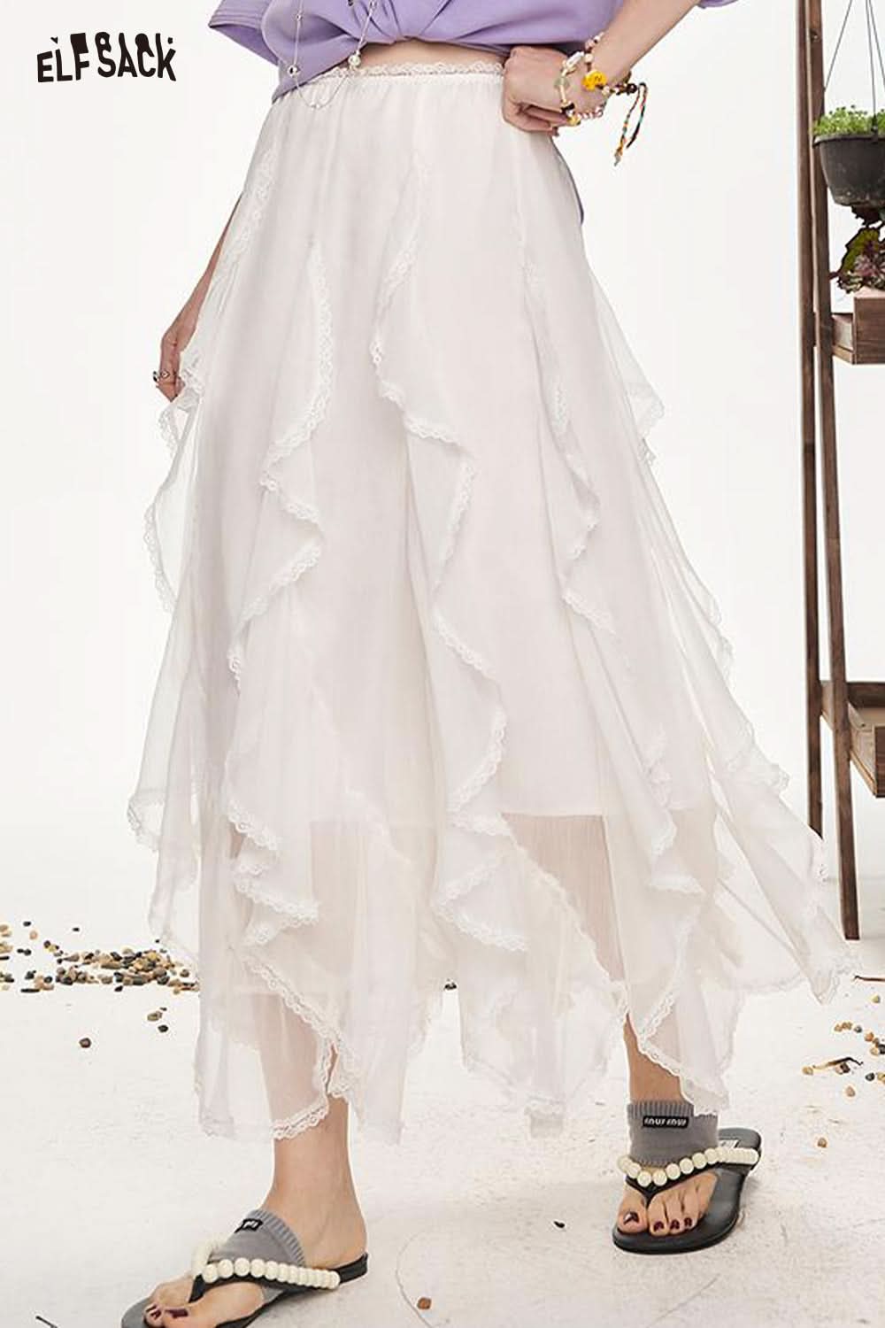 ELFSACK Lotus Leaf Lace Half Body Mid Length Casual Skirt