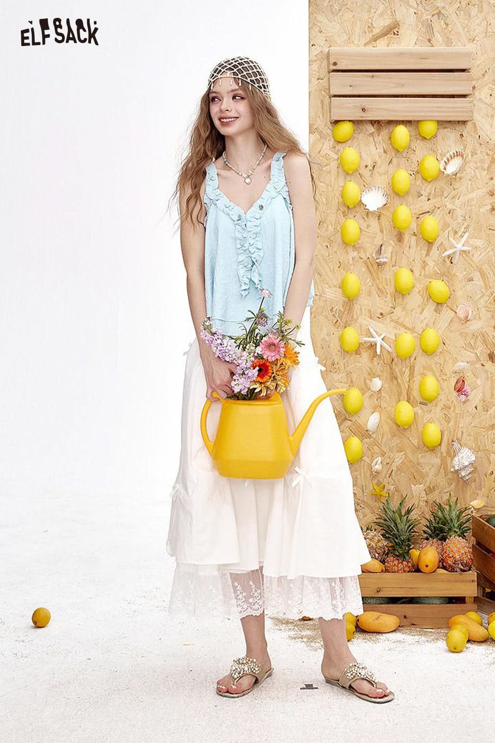 ELFSACK V-Neck Pleated Sweet Chic Camisole Women