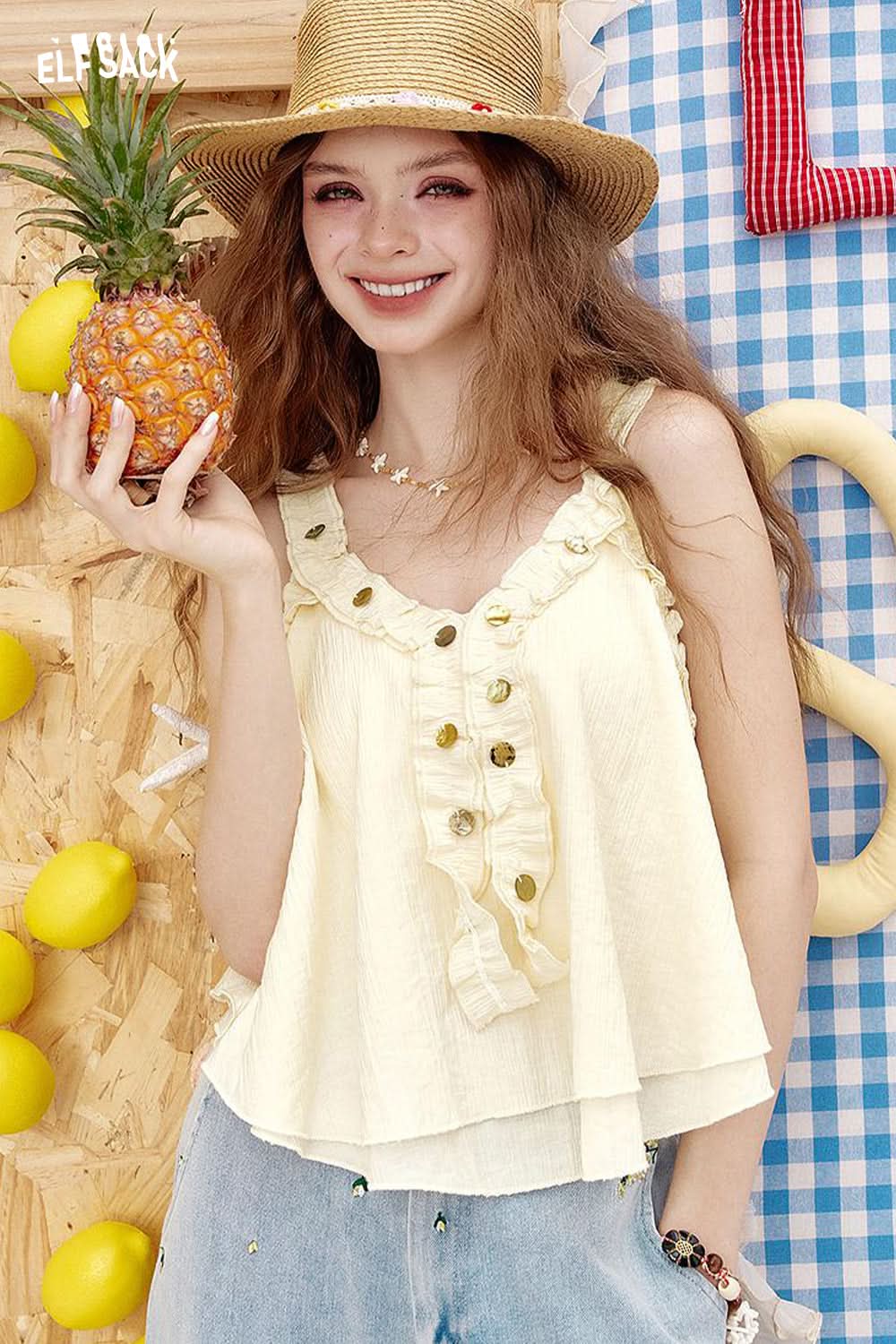 ELFSACK V-Neck Pleated Sweet Chic Camisole Women