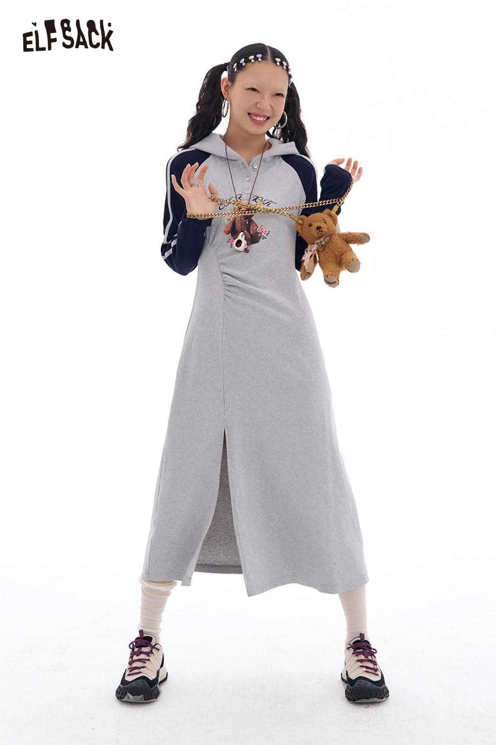 ELFSACK Grey Print Raglan Long Sleeve Slit T-shirt Dress Women Casual Simple O Neck Slim Fit Print Streetwear Sundress