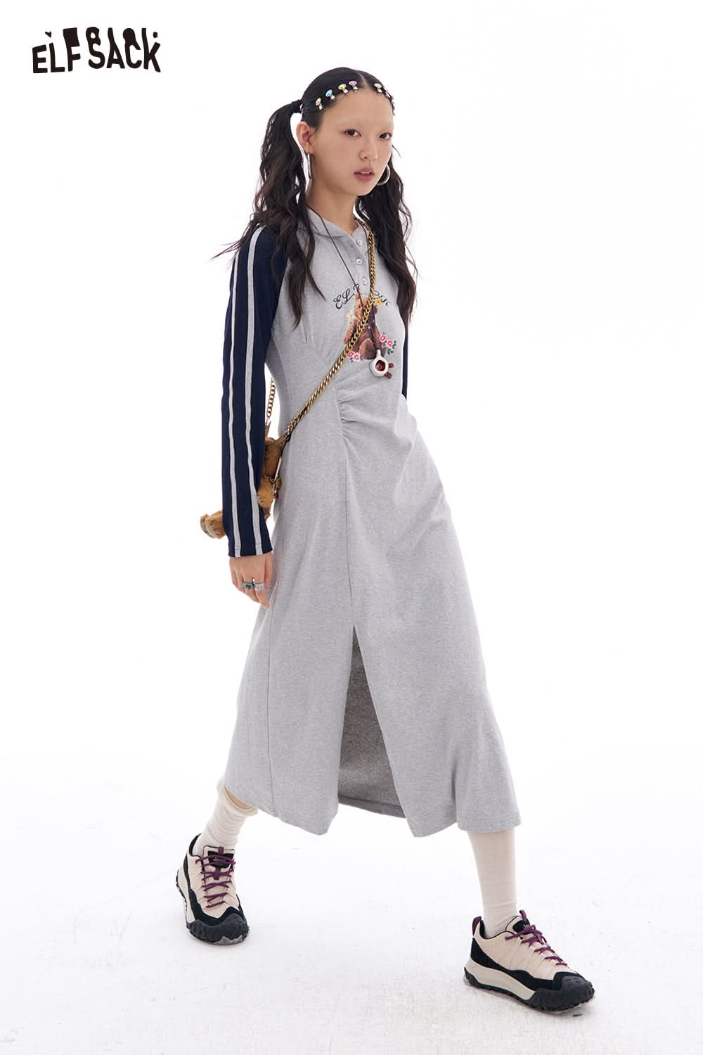 ELFSACK Grey Print Raglan Long Sleeve Slit T-shirt Dress Women Casual Simple O Neck Slim Fit Print Streetwear Sundress