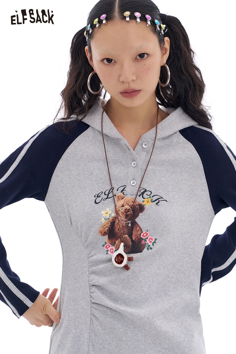 ELFSACK Grey Print Raglan Long Sleeve Slit T-shirt Dress Women Casual Simple O Neck Slim Fit Print Streetwear Sundress