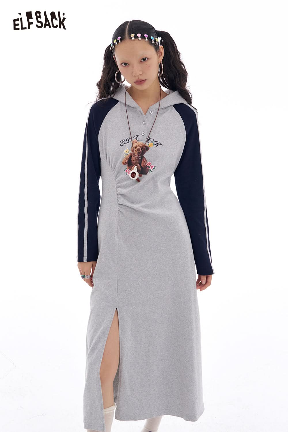 ELFSACK Grey Print Raglan Long Sleeve Slit T-shirt Dress Women Casual Simple O Neck Slim Fit Print Streetwear Sundress