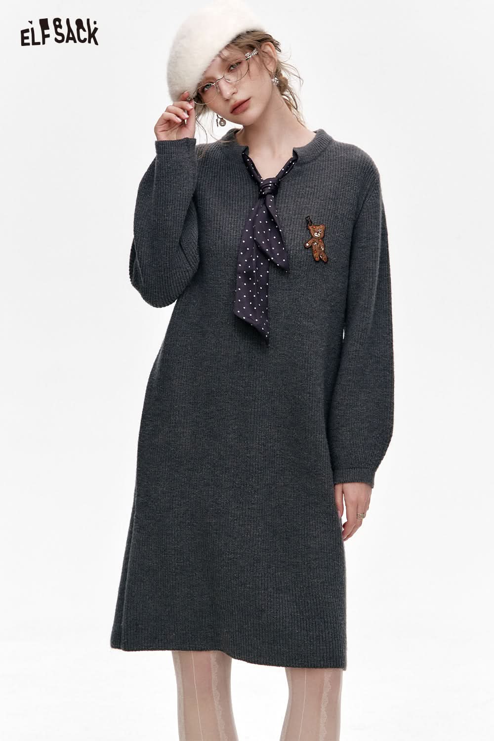 ELFSACK Preppy Style Knitted V-neck Straight Dress With Scarf And Bear Patch