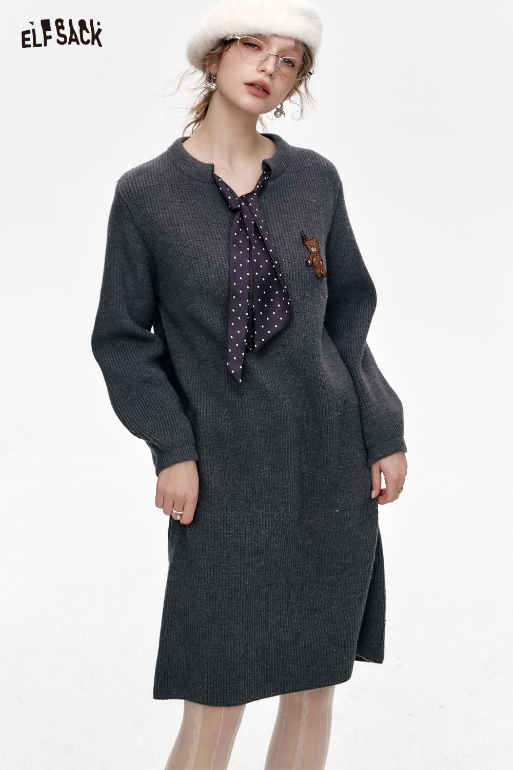 ELFSACK Preppy Style Knitted V-neck Straight Dress With Scarf And Bear Patch