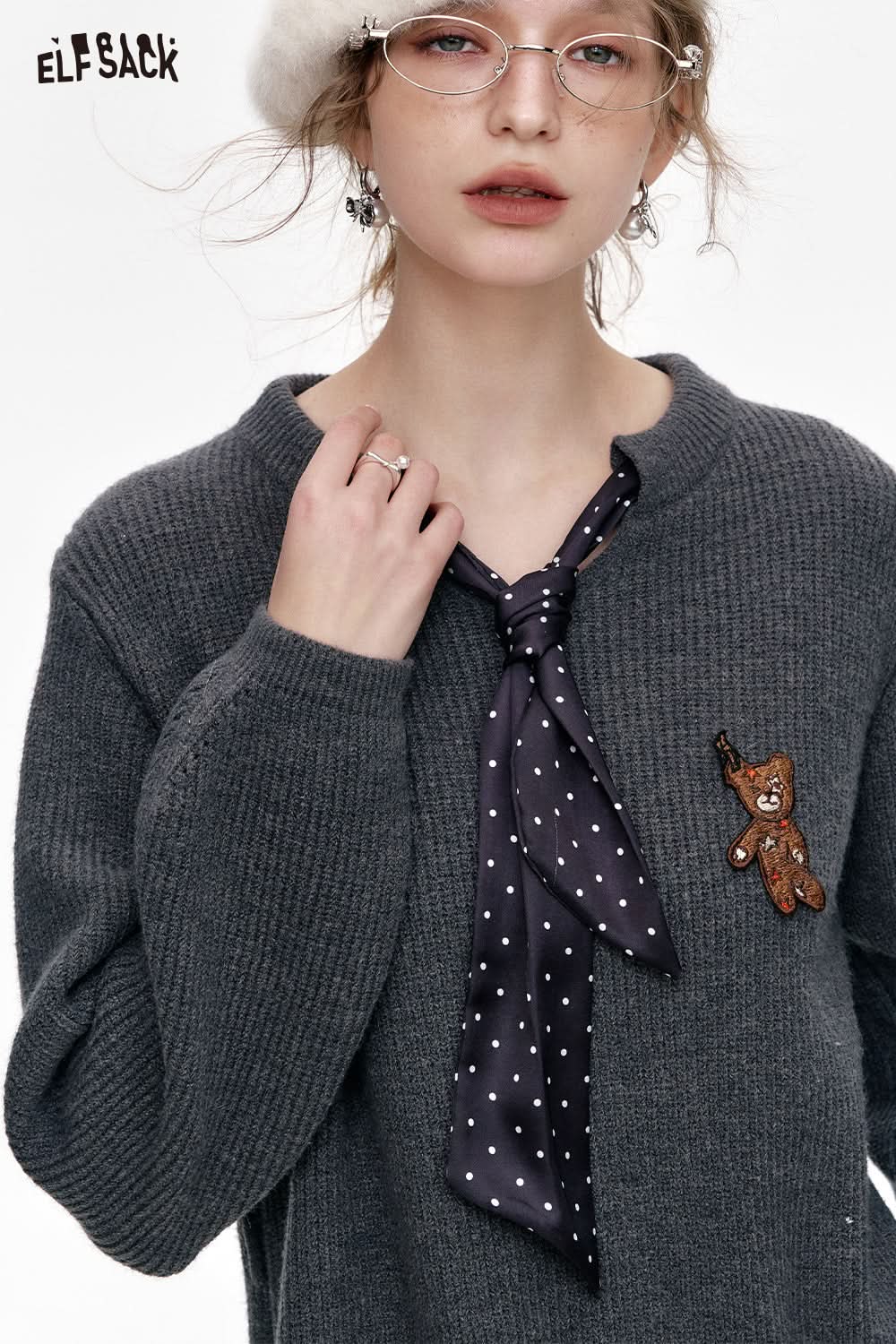 ELFSACK Preppy Style Knitted V-neck Straight Dress With Scarf And Bear Patch